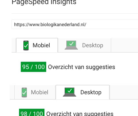 wordpress pagespeed meting Biologika Nederland bij ho